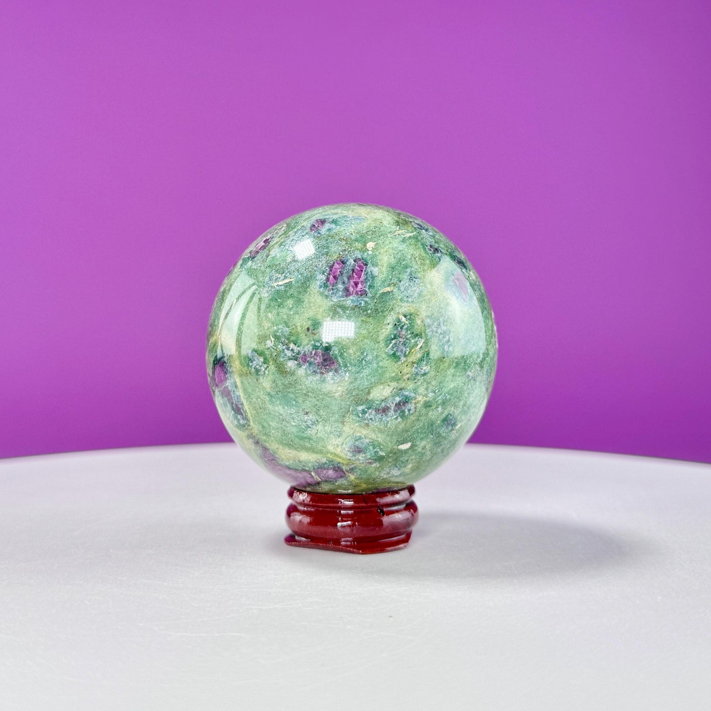 Ruby Fuchsite Sphere (Includes Wood Stand), UV Reactive
