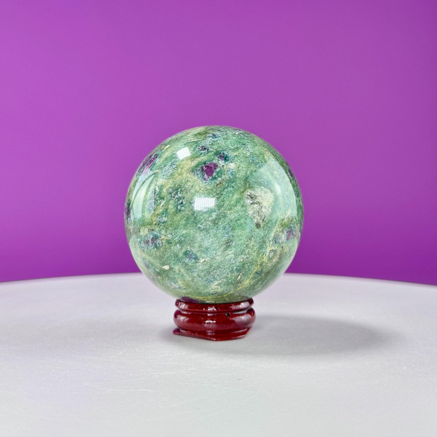 Ruby Fuchsite Sphere (Includes Wood Stand), UV Reactive