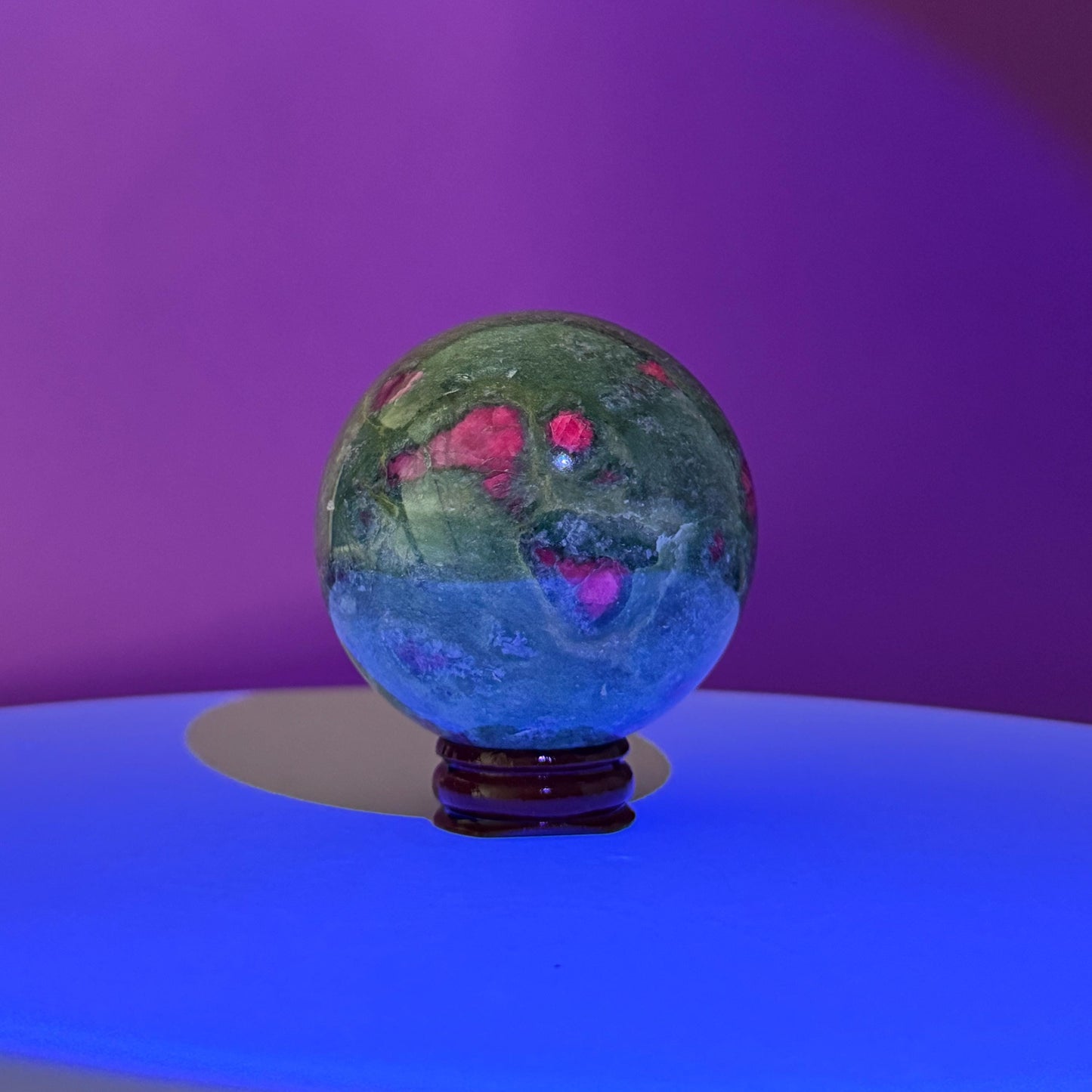 Ruby Fuchsite Sphere (Includes Wood Stand), UV Reactive