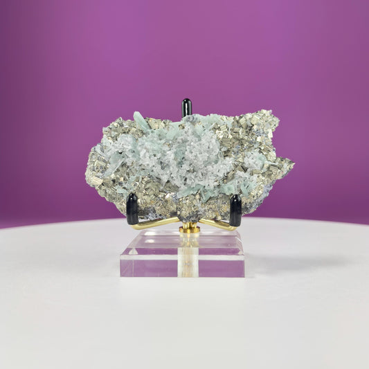 Green Quartz on Pyrite and Galena (Huaron Mine, Peru) (Includes Gold Metal/Acrylic Stand)