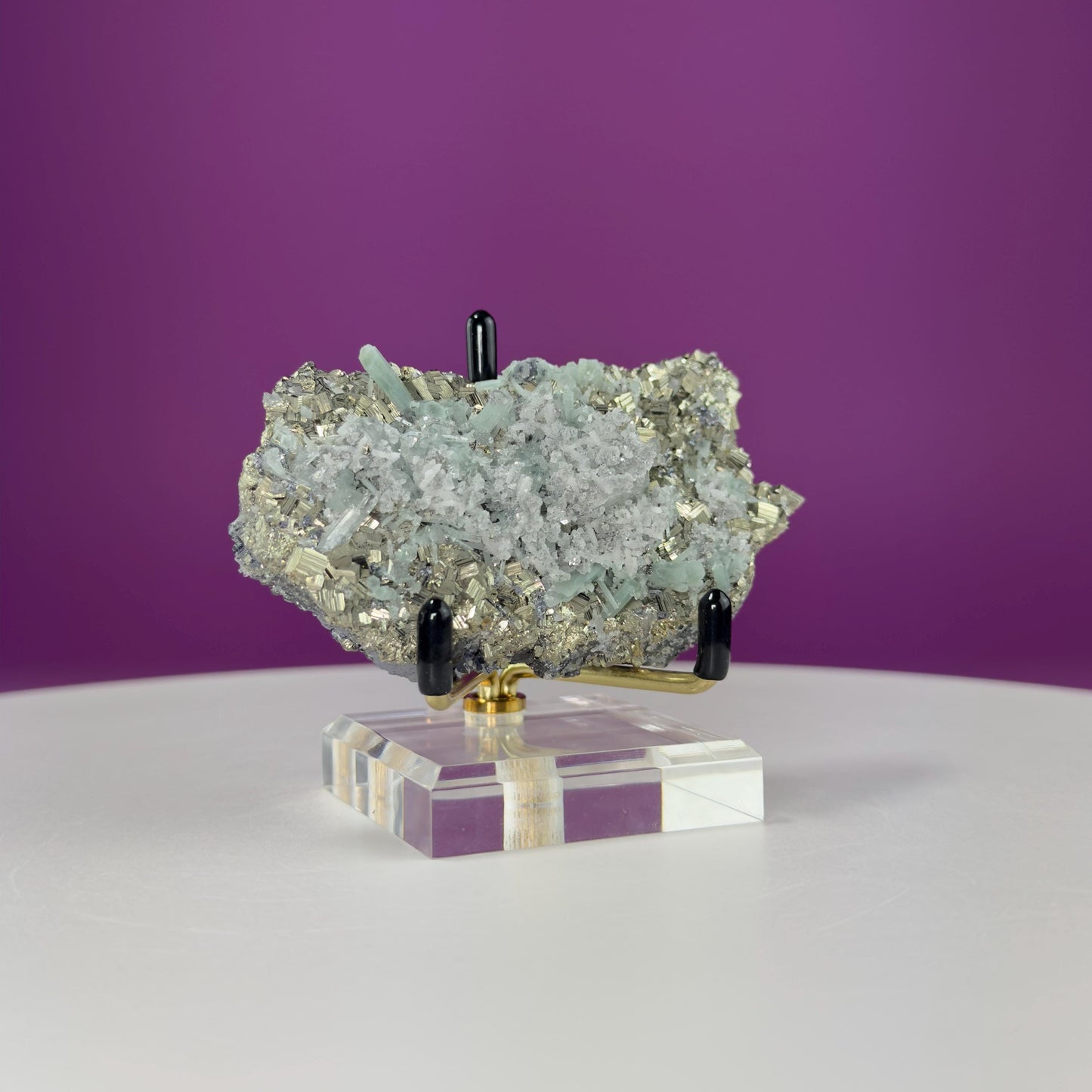 Green Quartz on Pyrite and Galena (Huaron Mine, Peru) (Includes Gold Metal/Acrylic Stand)