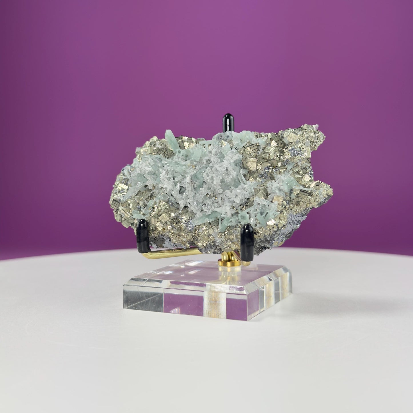 Green Quartz on Pyrite and Galena (Huaron Mine, Peru) (Includes Gold Metal/Acrylic Stand)