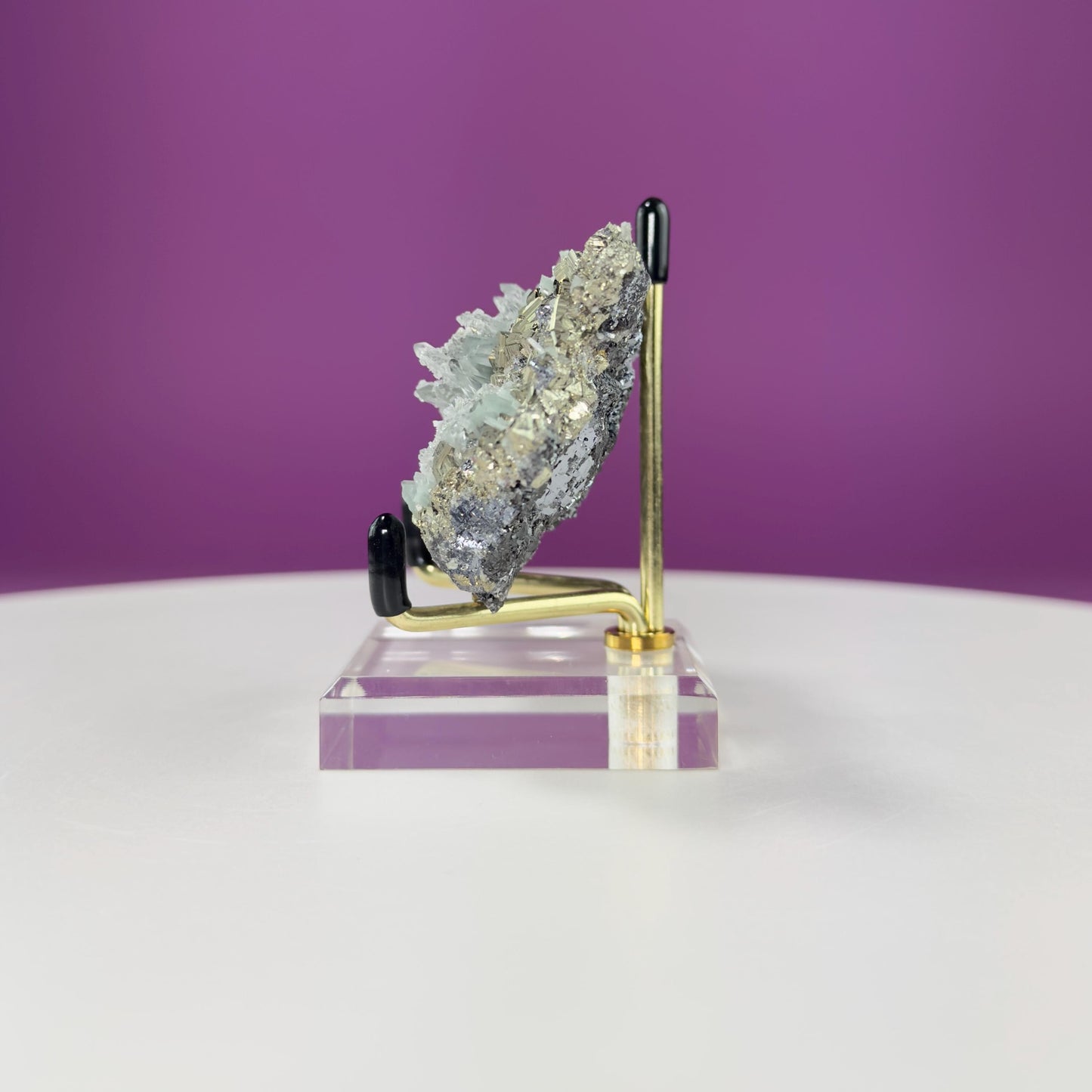 Green Quartz on Pyrite and Galena (Huaron Mine, Peru) (Includes Gold Metal/Acrylic Stand)