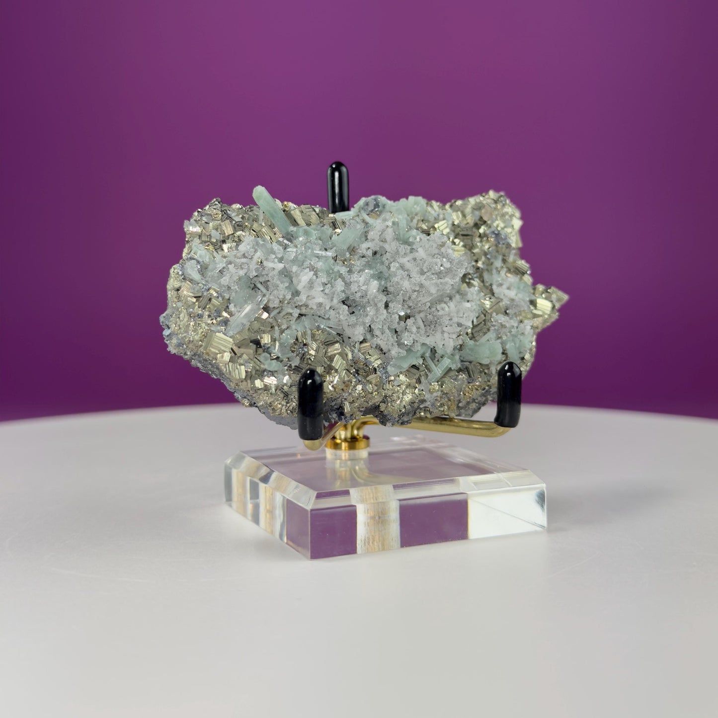 Green Quartz on Pyrite and Galena (Huaron Mine, Peru) (Includes Gold Metal/Acrylic Stand)