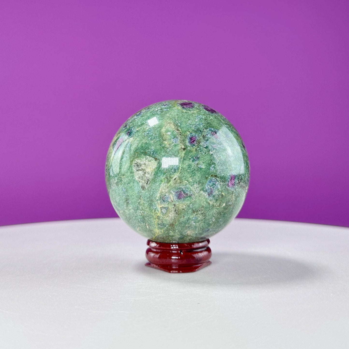 Ruby Fuchsite Sphere (Includes Wood Stand), UV Reactive