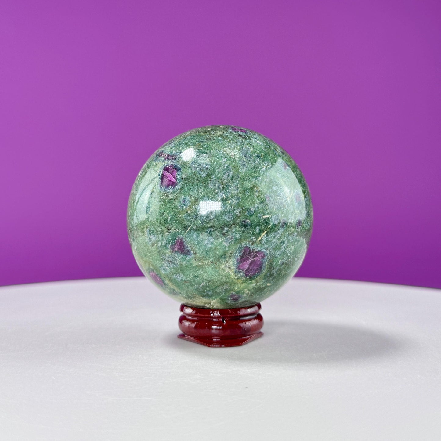Ruby Fuchsite Sphere (Includes Wood Stand), UV Reactive