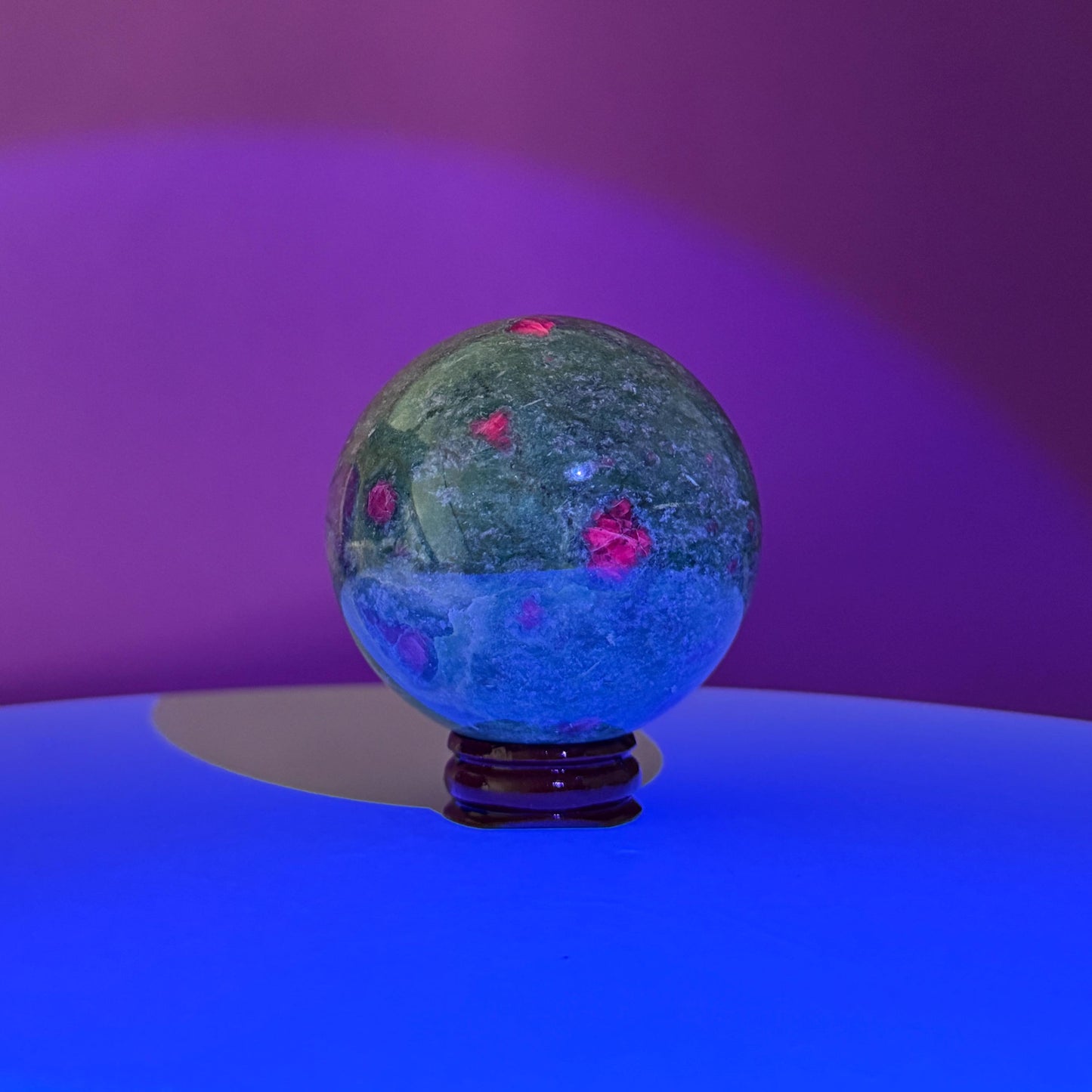 Ruby Fuchsite Sphere (Includes Wood Stand), UV Reactive
