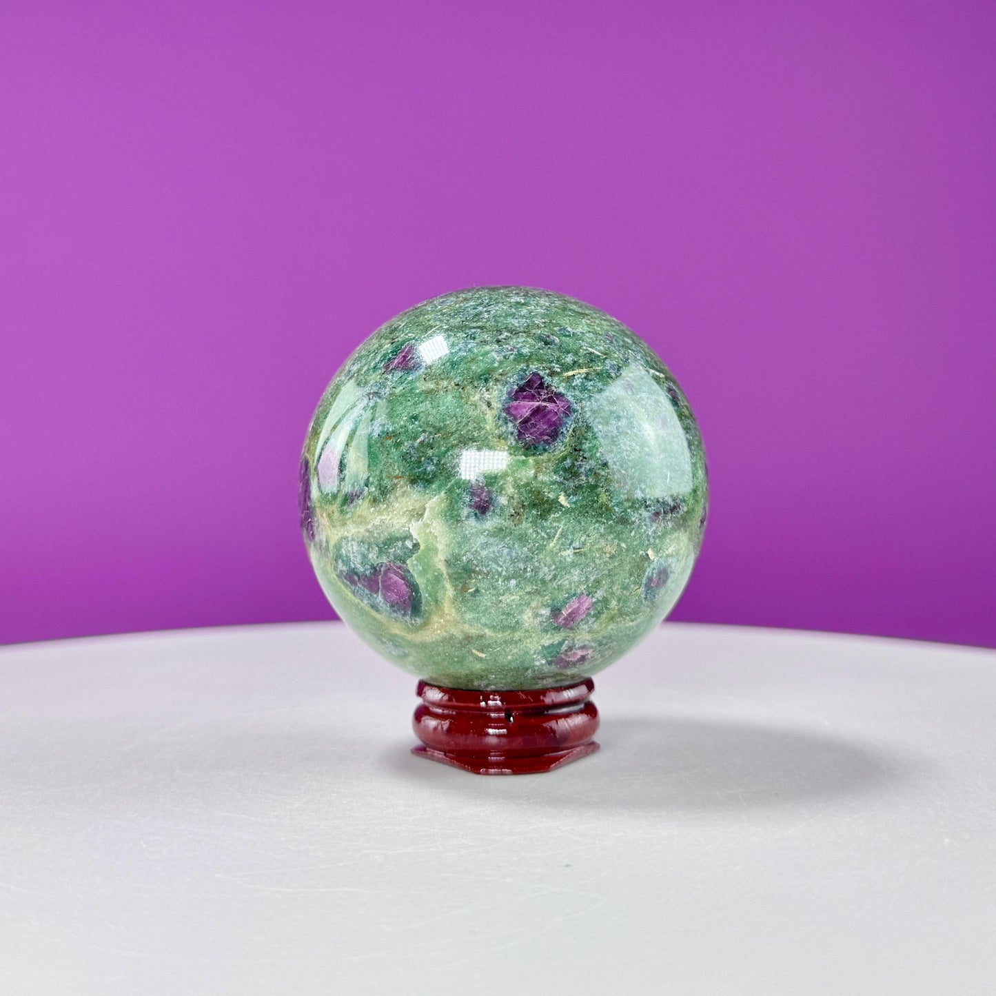 Ruby Fuchsite Sphere (Includes Wood Stand), UV Reactive