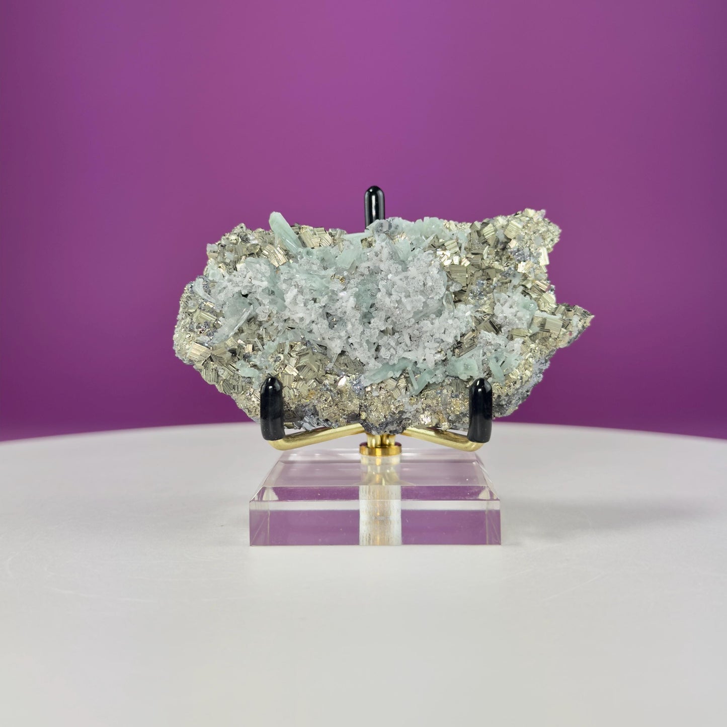 Green Quartz on Pyrite and Galena (Huaron Mine, Peru) (Includes Gold Metal/Acrylic Stand)