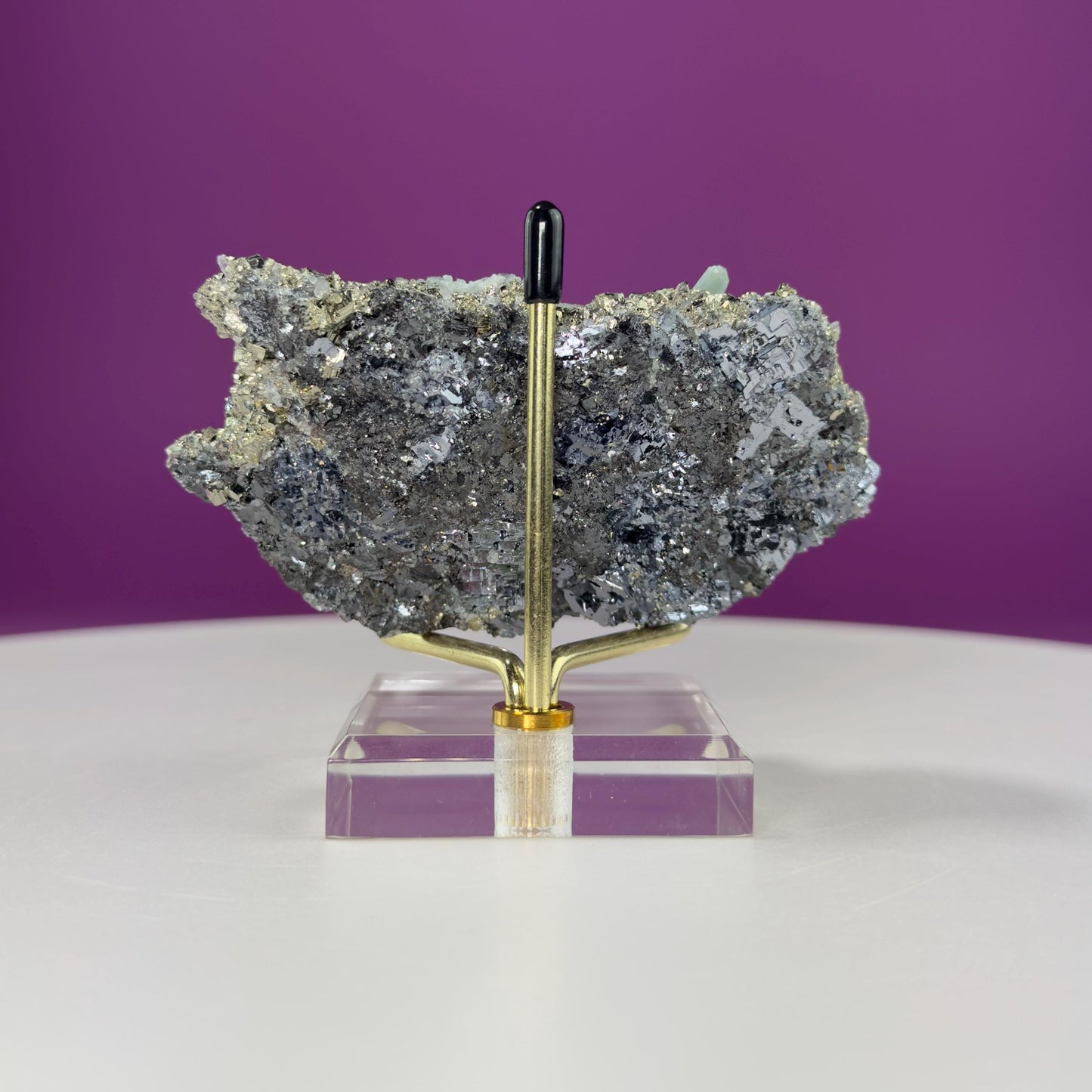 Green Quartz on Pyrite and Galena (Huaron Mine, Peru) (Includes Gold Metal/Acrylic Stand)