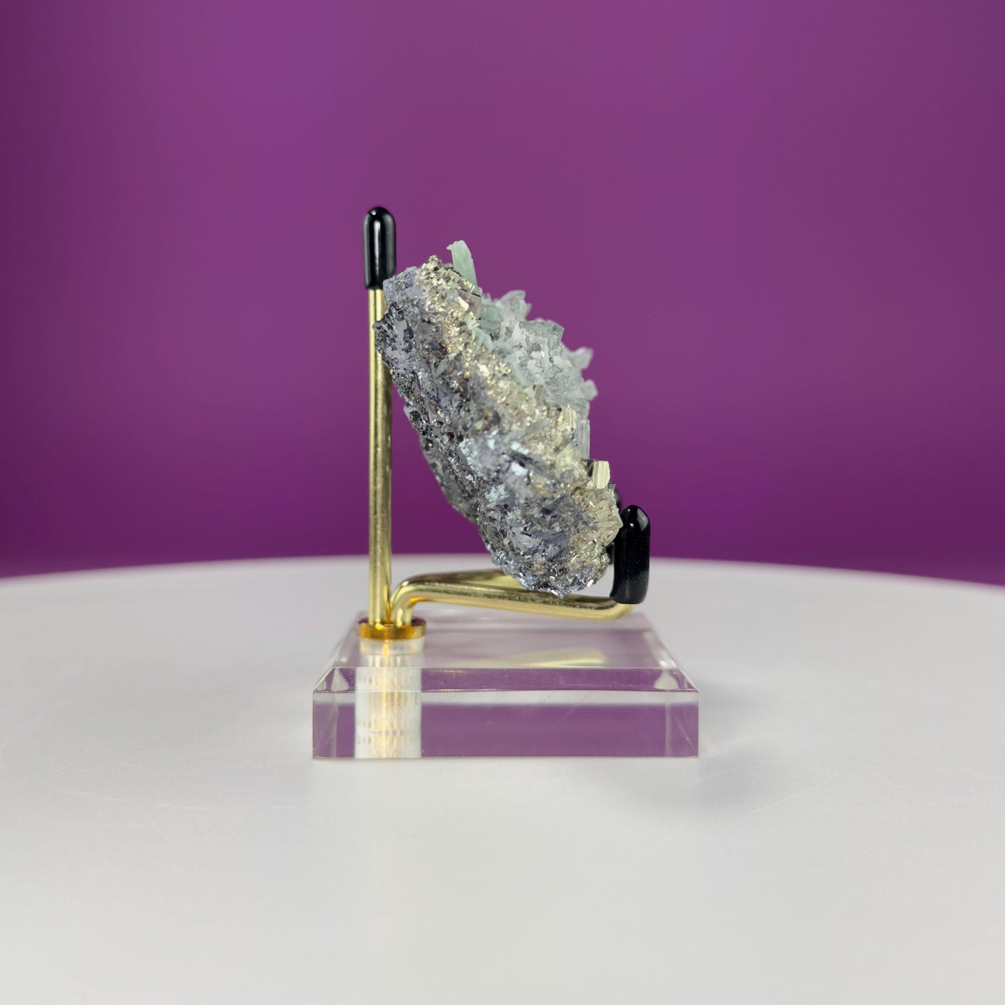 Green Quartz on Pyrite and Galena (Huaron Mine, Peru) (Includes Gold Metal/Acrylic Stand)