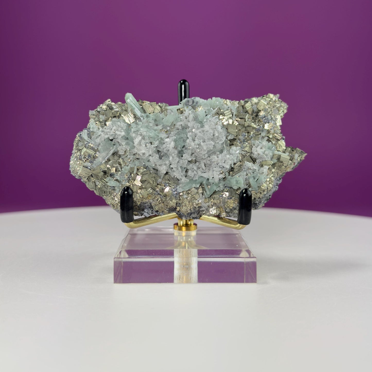 Green Quartz on Pyrite and Galena (Huaron Mine, Peru) (Includes Gold Metal/Acrylic Stand)