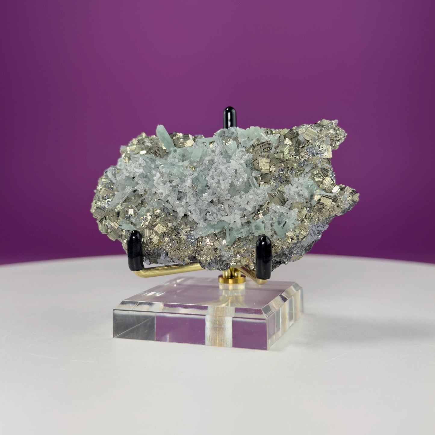 Green Quartz on Pyrite and Galena (Huaron Mine, Peru) (Includes Gold Metal/Acrylic Stand)