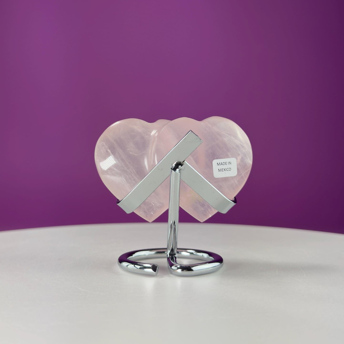 Rose Quartz Double Heart (Mexico) (Includes Silver Metal Stand)