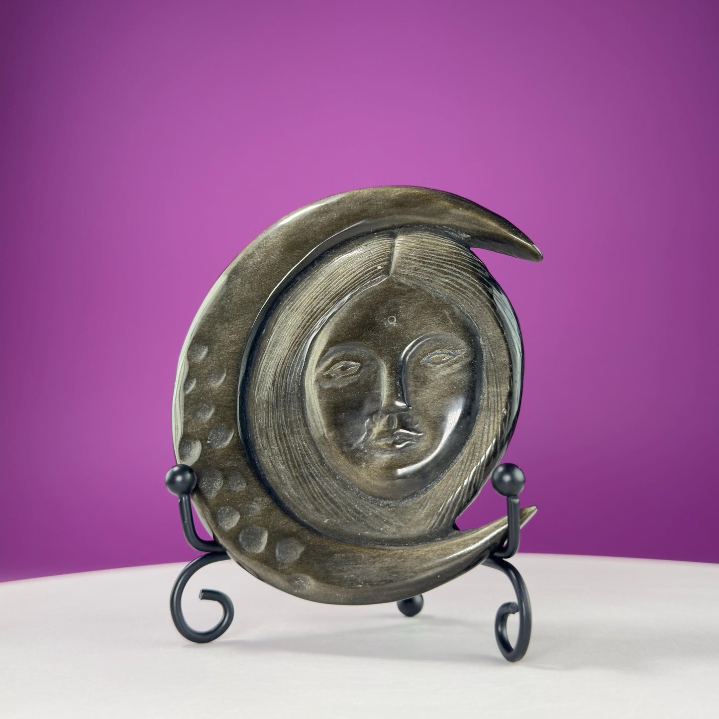 Gold Sheen Obsidian Hecate Moon Goddess Carving (Includes Black Metal Stand)