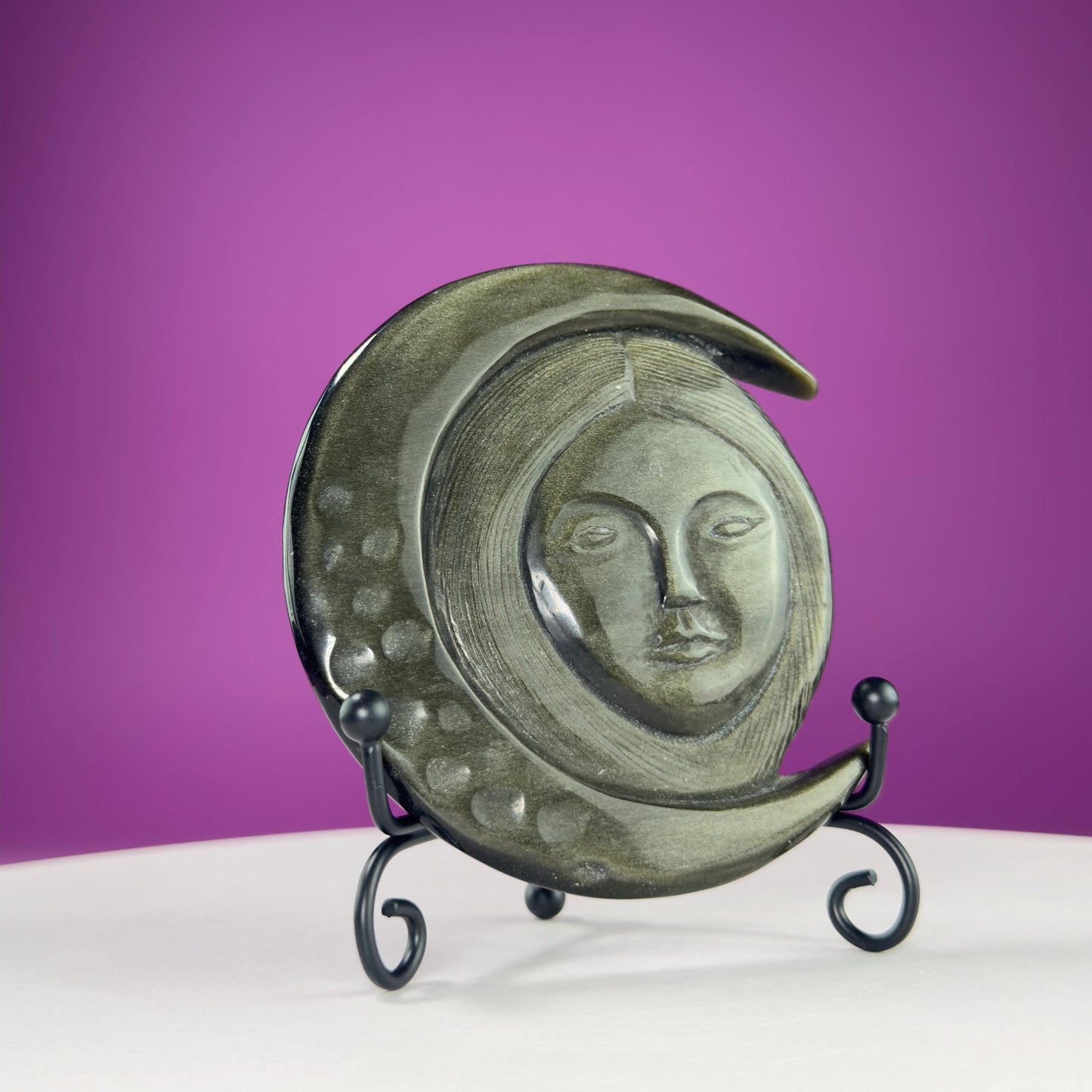 Gold Sheen Obsidian Hecate Moon Goddess Carving (Includes Black Metal Stand)