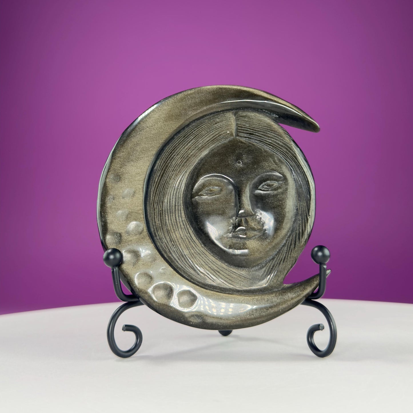 Gold Sheen Obsidian Hecate Moon Goddess Carving (Includes Black Metal Stand)