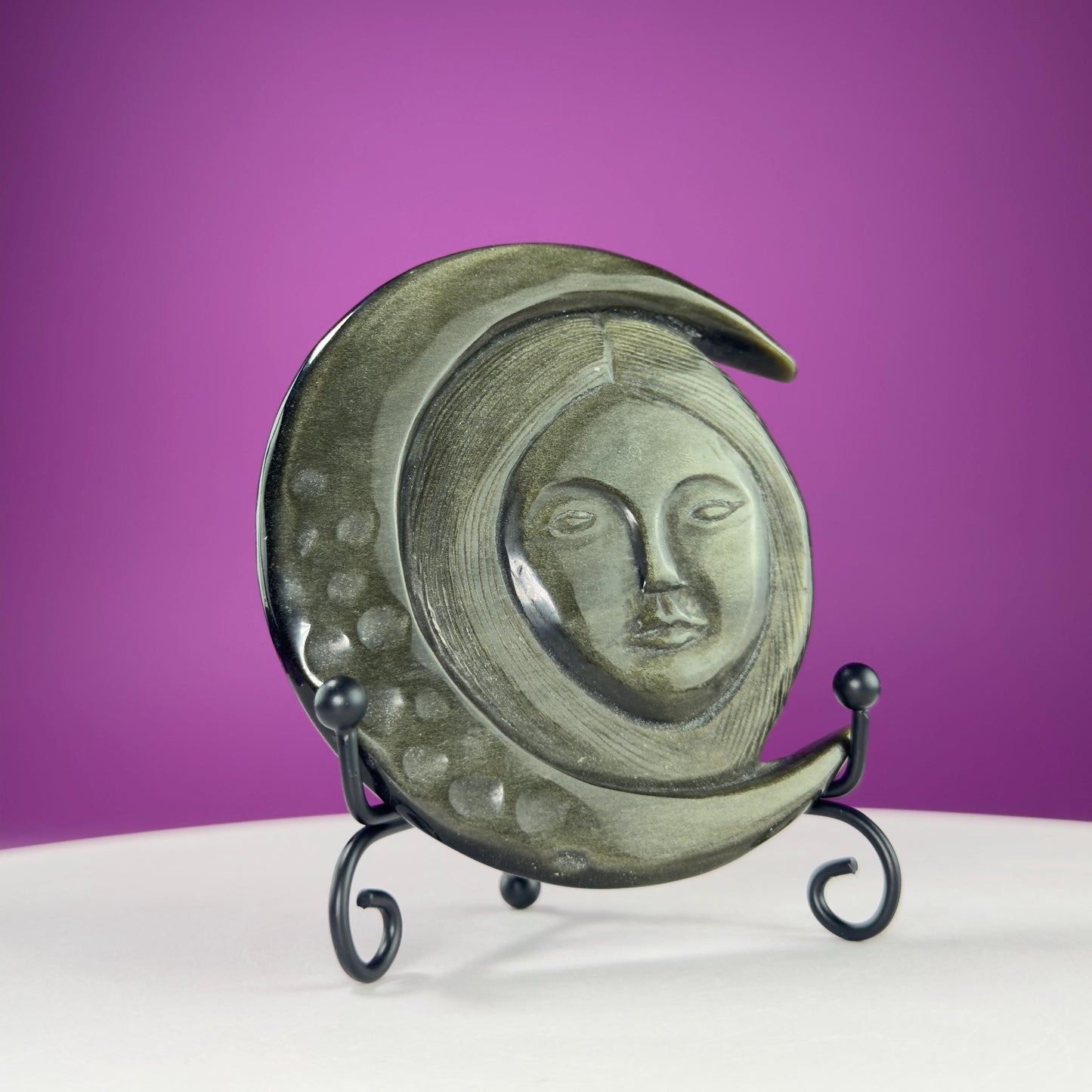 Gold Sheen Obsidian Hecate Moon Goddess Carving (Includes Black Metal Stand)