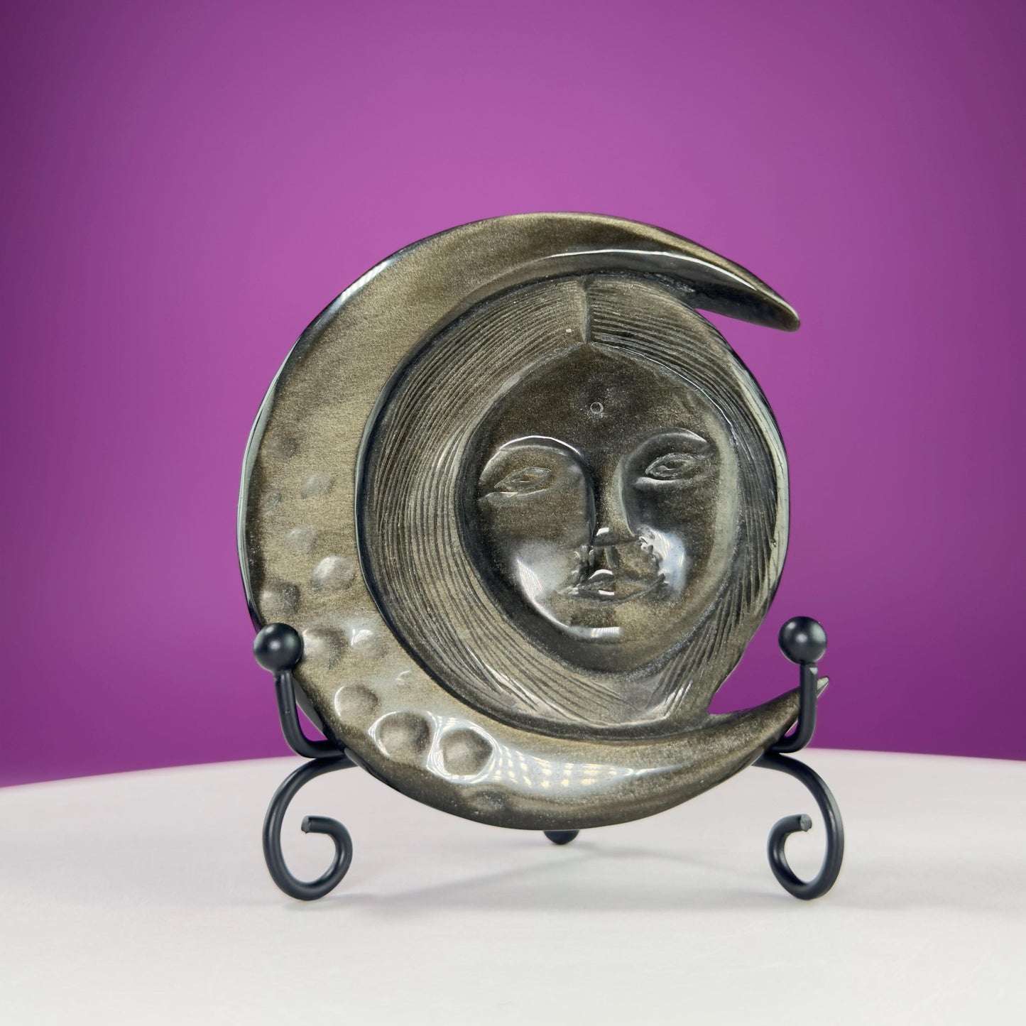 Gold Sheen Obsidian Hecate Moon Goddess Carving (Includes Black Metal Stand)