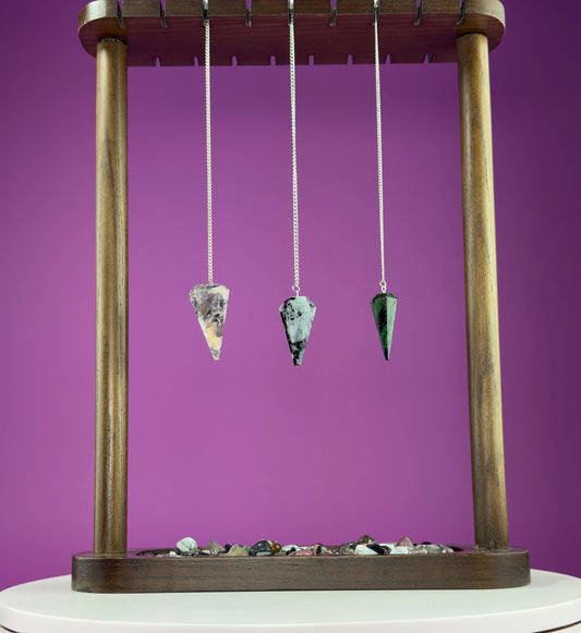 Pendulums: Ruby Zoisite (UV Reactive), Rainbow Moonstone, Dream Amethyst