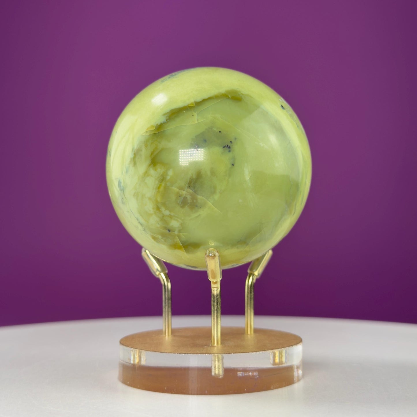 Serpentine and Pyrite Sphere (Includes gold metal/acrylic stand)