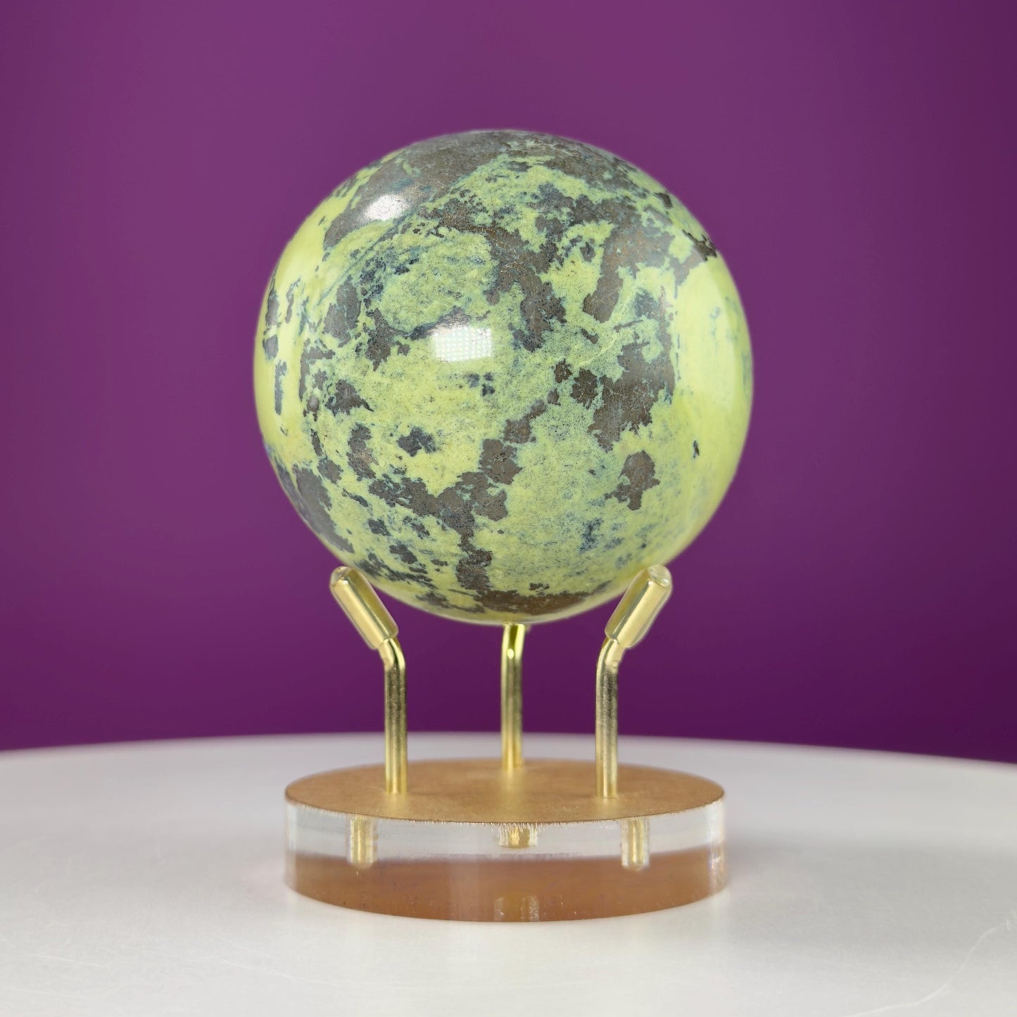 Serpentine and Pyrite Sphere (Includes gold metal/acrylic stand)