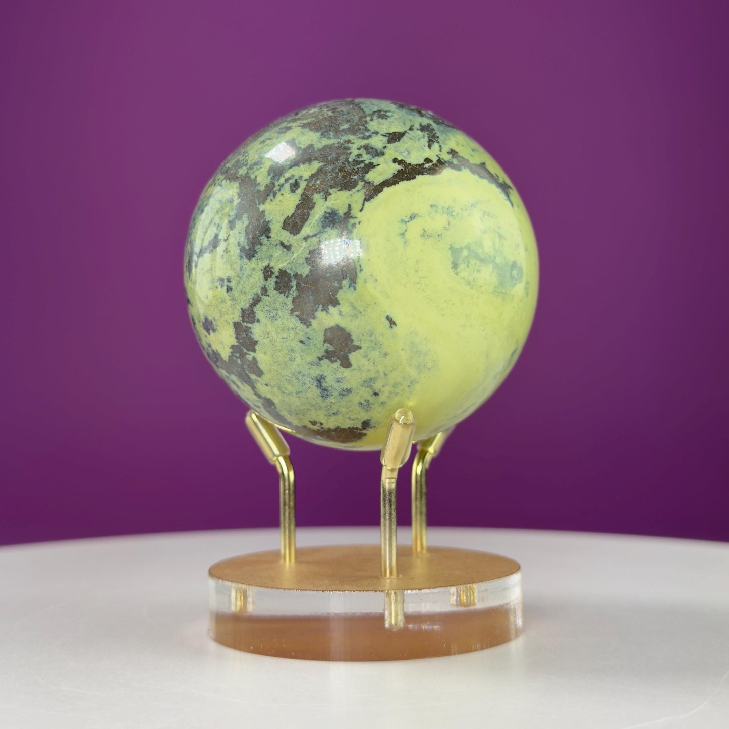 Serpentine and Pyrite Sphere (Includes gold metal/acrylic stand)