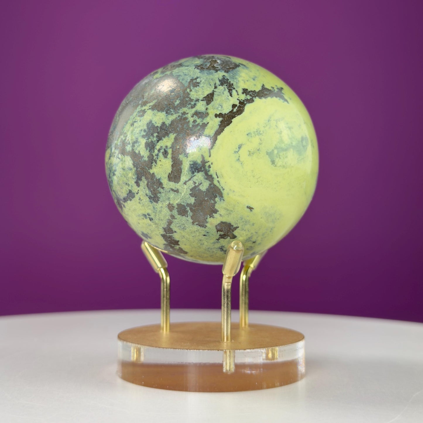 Serpentine and Pyrite Sphere (Includes gold metal/acrylic stand)