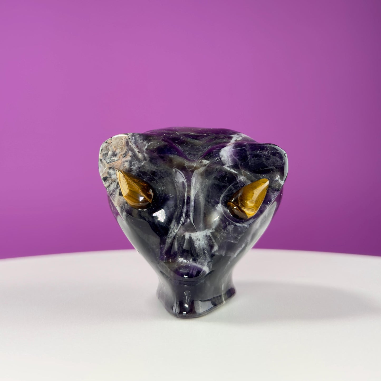 Dream Amethyst Alien Skull with Tiger Eyes, Chevron Amethyst Alien, Crystal Alien