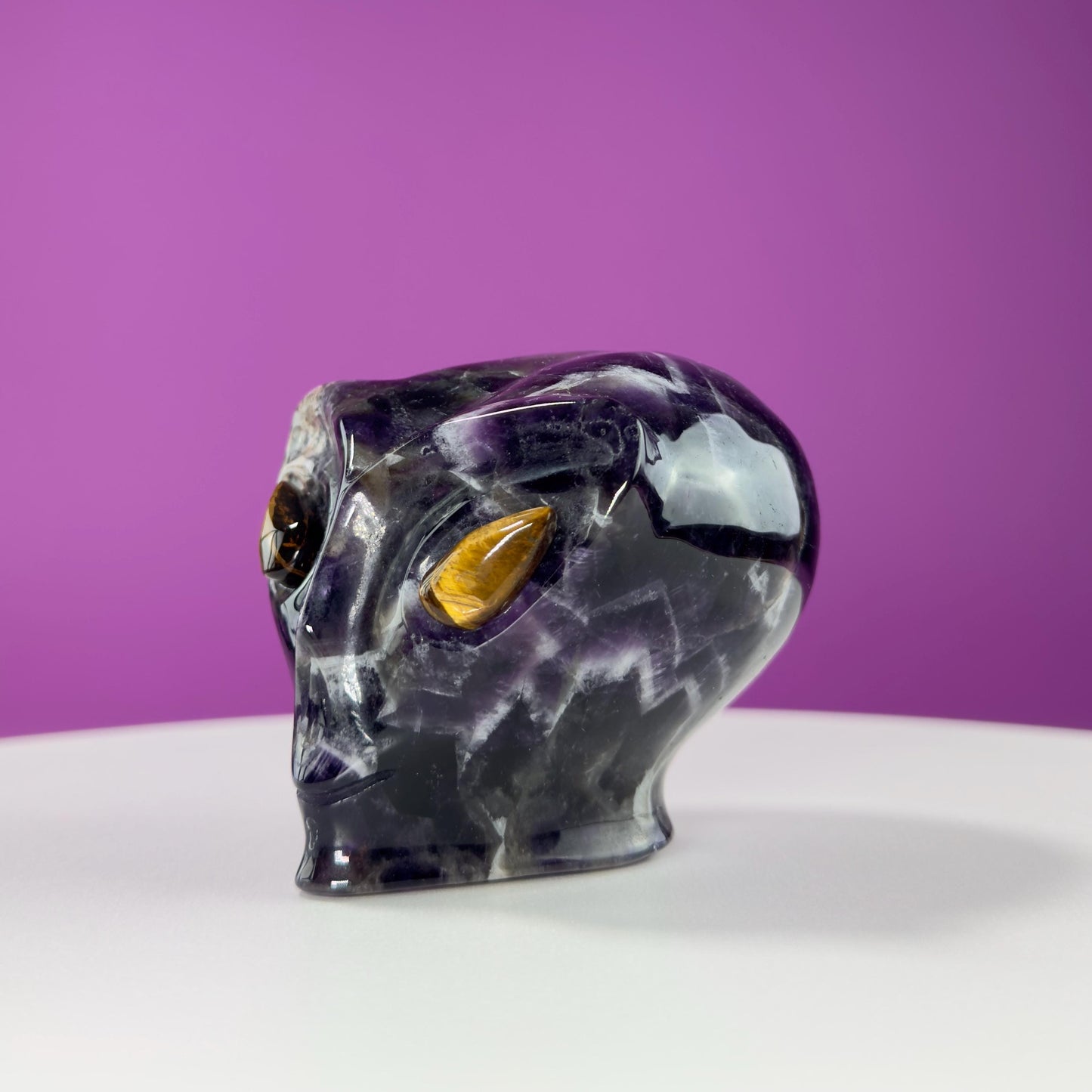 Dream Amethyst Alien Skull with Tiger Eyes, Chevron Amethyst Alien, Crystal Alien
