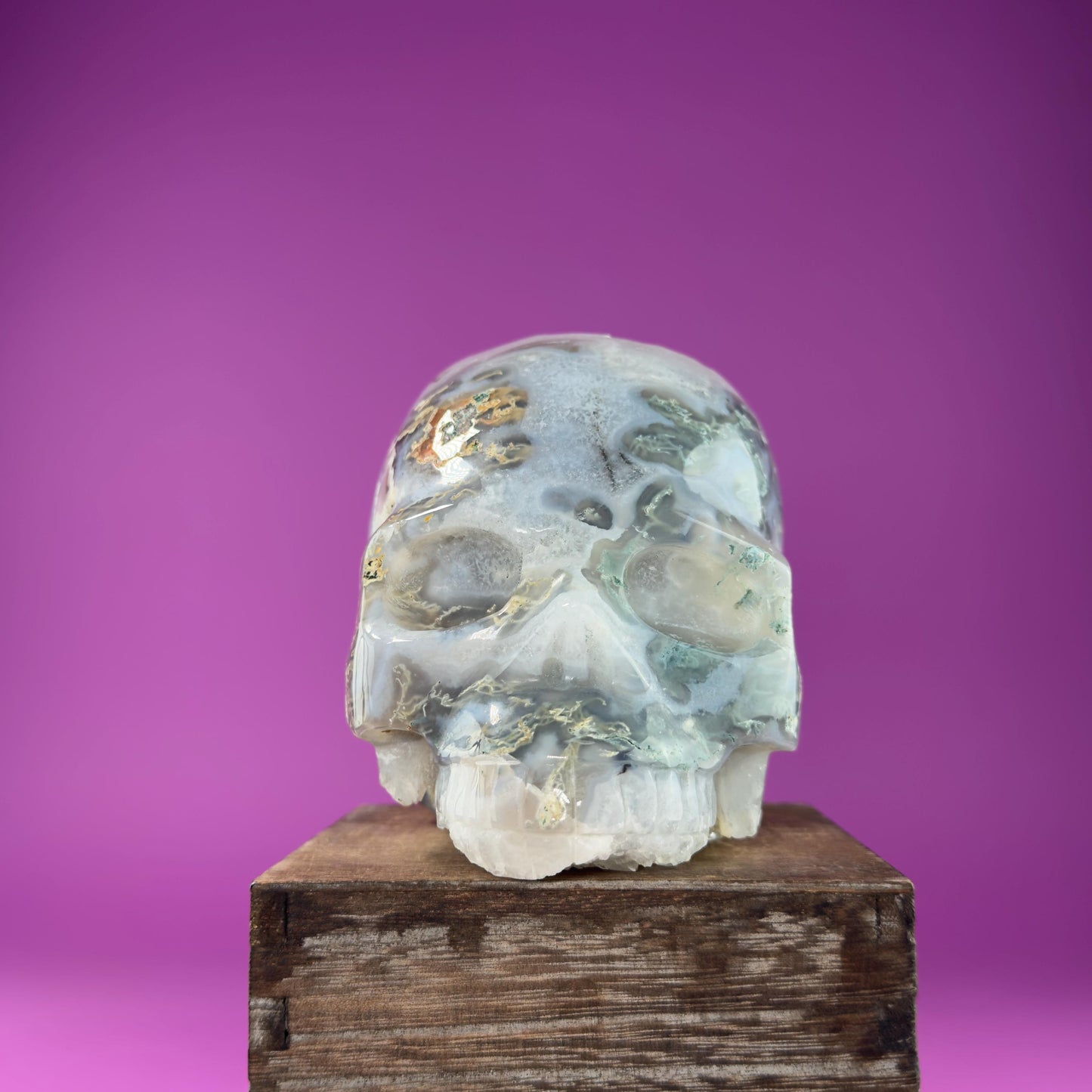 Moss Agate Skull with Druzy, 3+Pounds