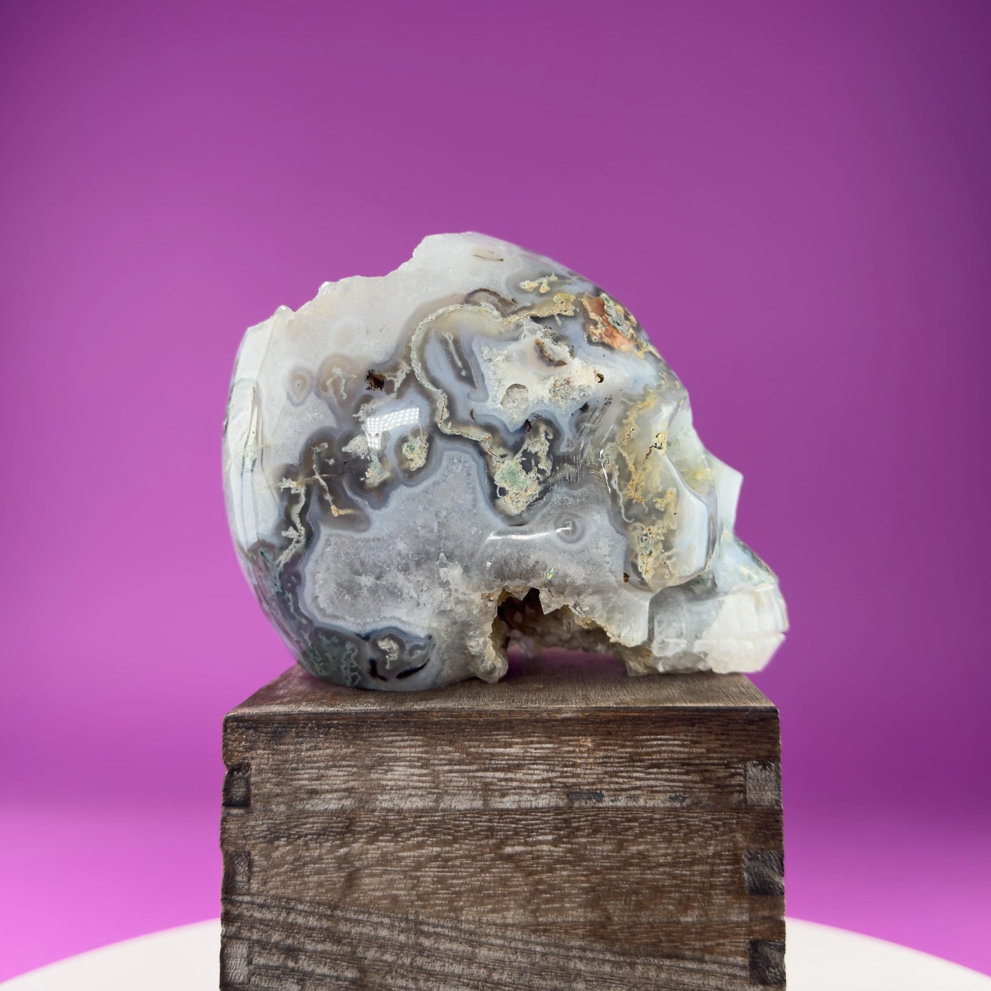 Moss Agate Skull with Druzy, 3+Pounds