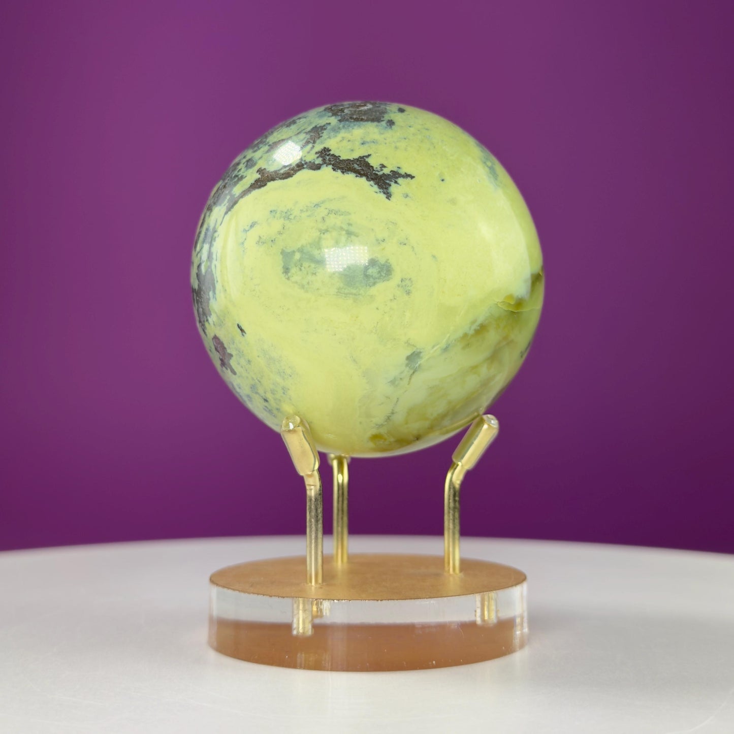 Serpentine and Pyrite Sphere (Includes gold metal/acrylic stand)