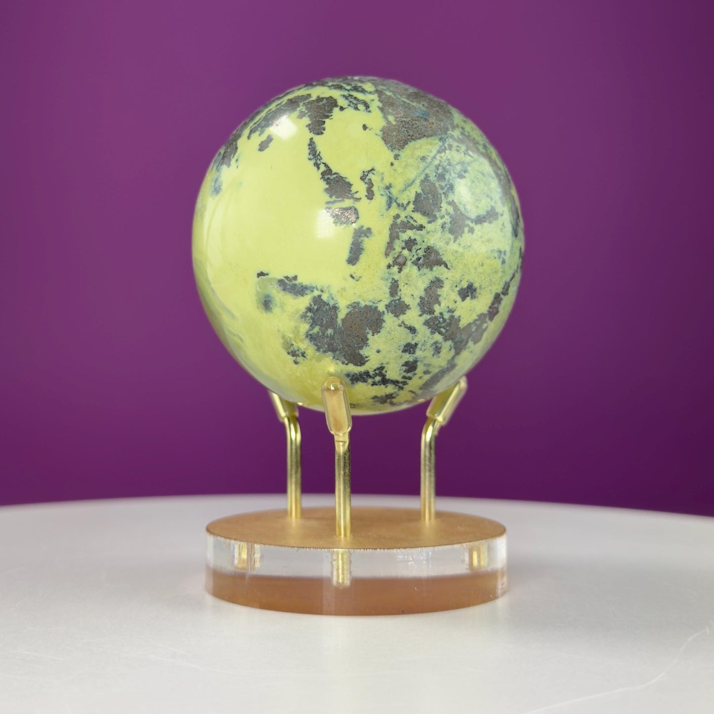 Serpentine and Pyrite Sphere (Includes gold metal/acrylic stand)