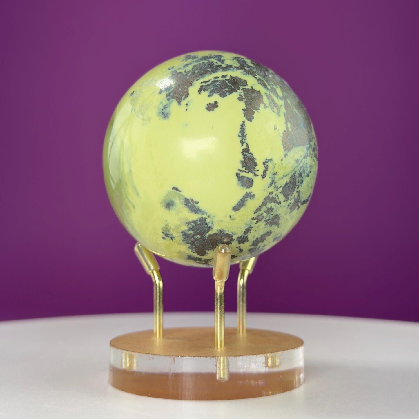 Serpentine and Pyrite Sphere (Includes gold metal/acrylic stand)