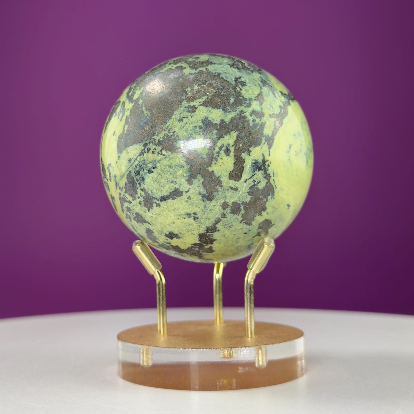 Serpentine and Pyrite Sphere (Includes gold metal/acrylic stand)
