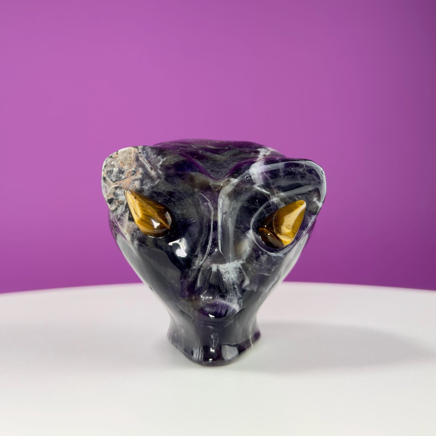 Dream Amethyst Alien Skull with Tiger Eyes, Chevron Amethyst Alien, Crystal Alien
