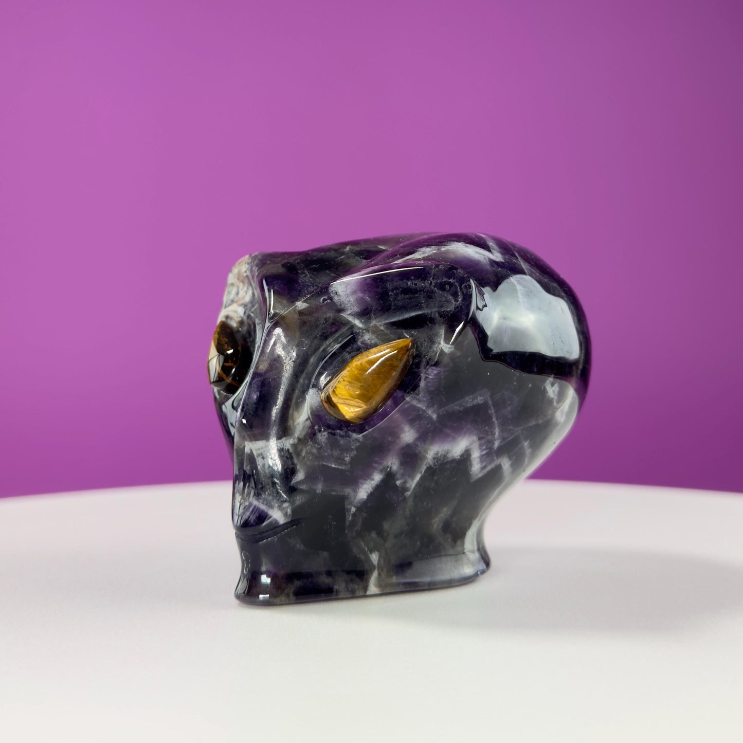 Dream Amethyst Alien Skull with Tiger Eyes, Chevron Amethyst Alien, Crystal Alien