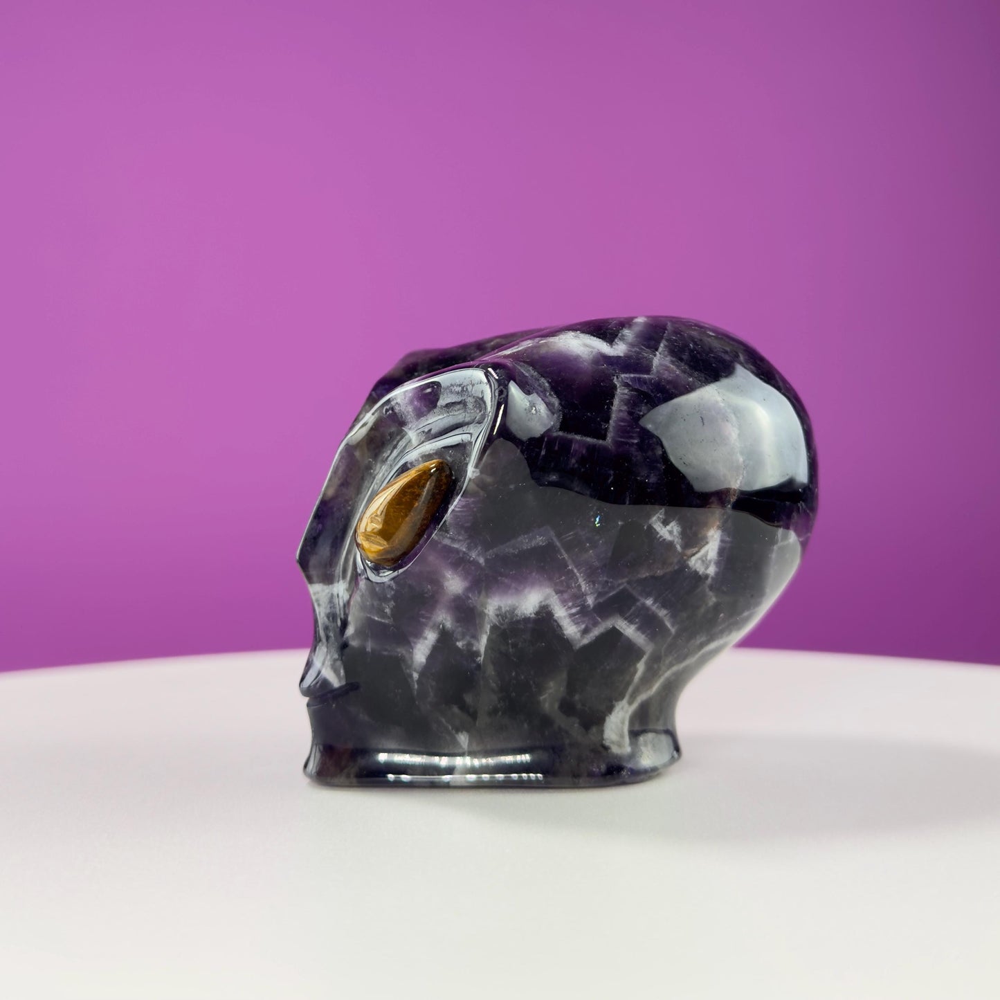Dream Amethyst Alien Skull with Tiger Eyes, Chevron Amethyst Alien, Crystal Alien