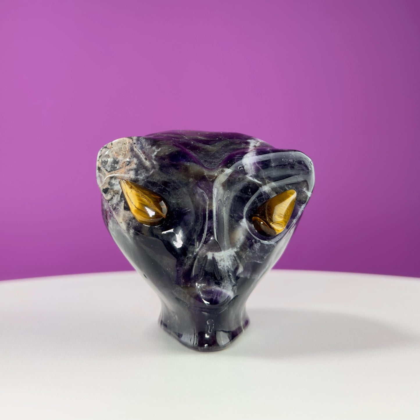 Dream Amethyst Alien Skull with Tiger Eyes, Chevron Amethyst Alien, Crystal Alien