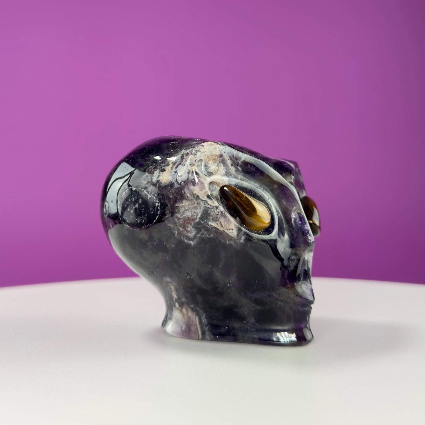 Dream Amethyst Alien Skull with Tiger Eyes, Chevron Amethyst Alien, Crystal Alien