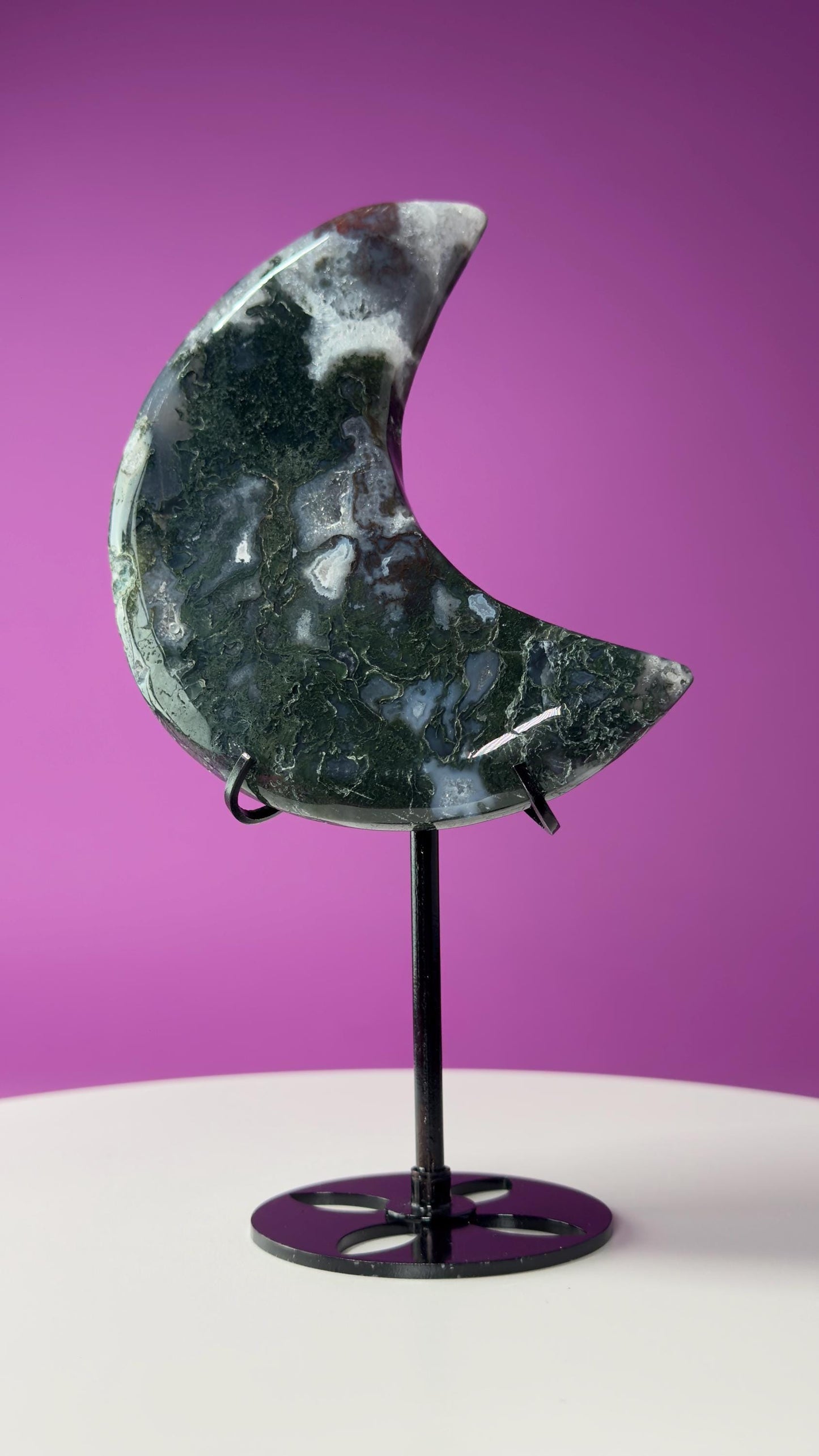 Moss Agate Moon (Includes Black Metal Stand)