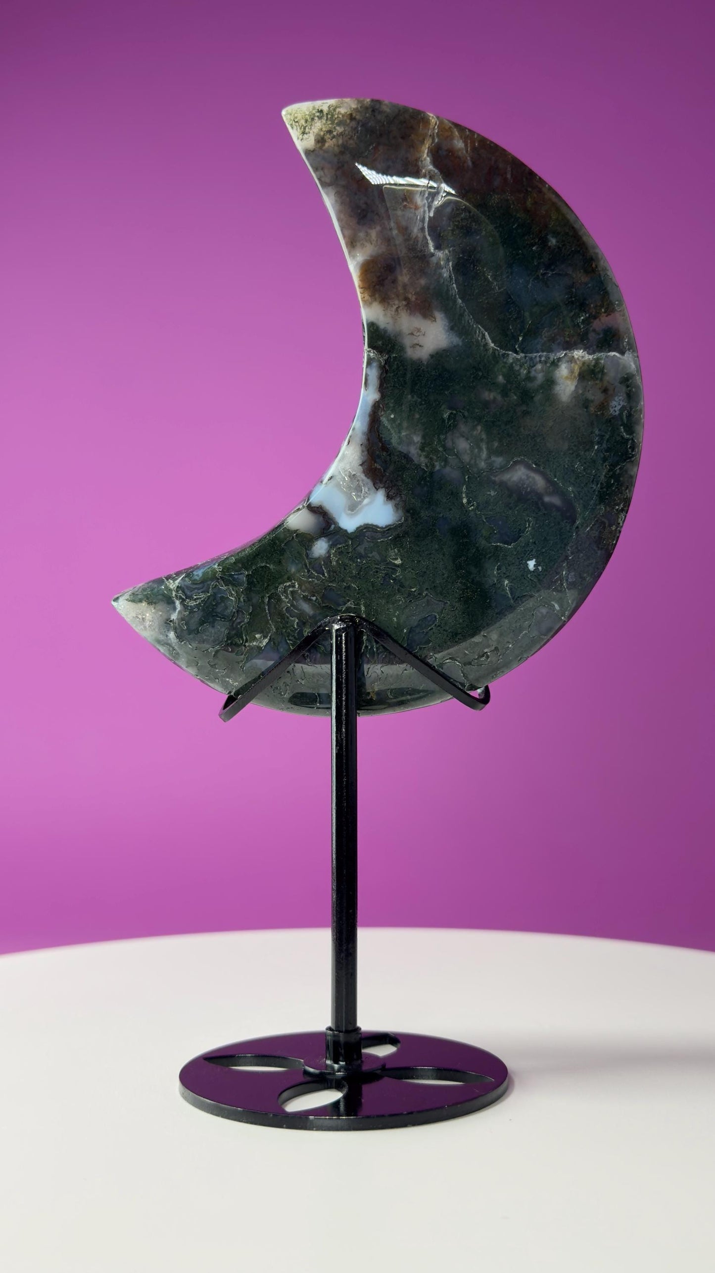 Moss Agate Moon (Includes Black Metal Stand)