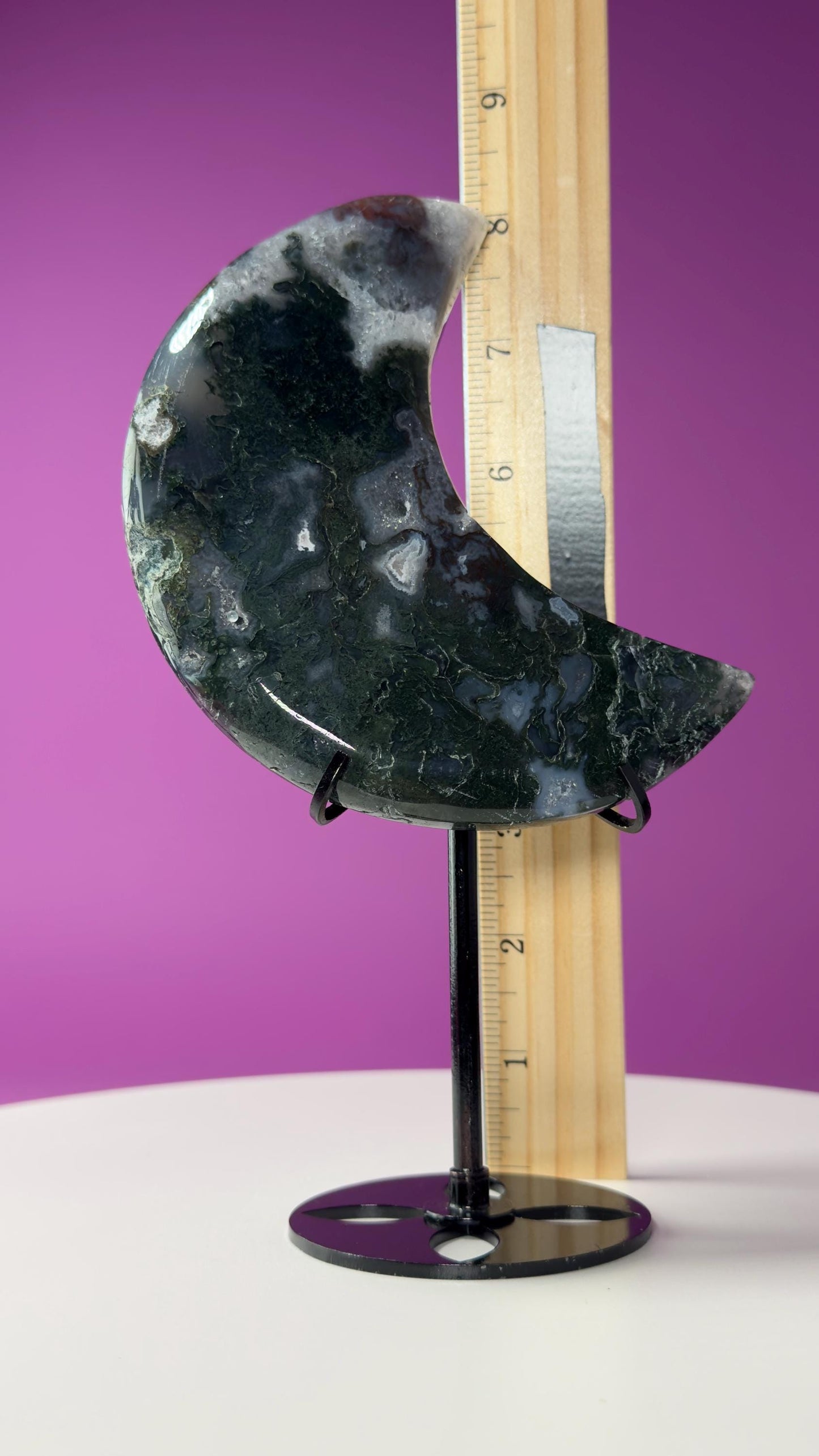 Moss Agate Moon (Includes Black Metal Stand)