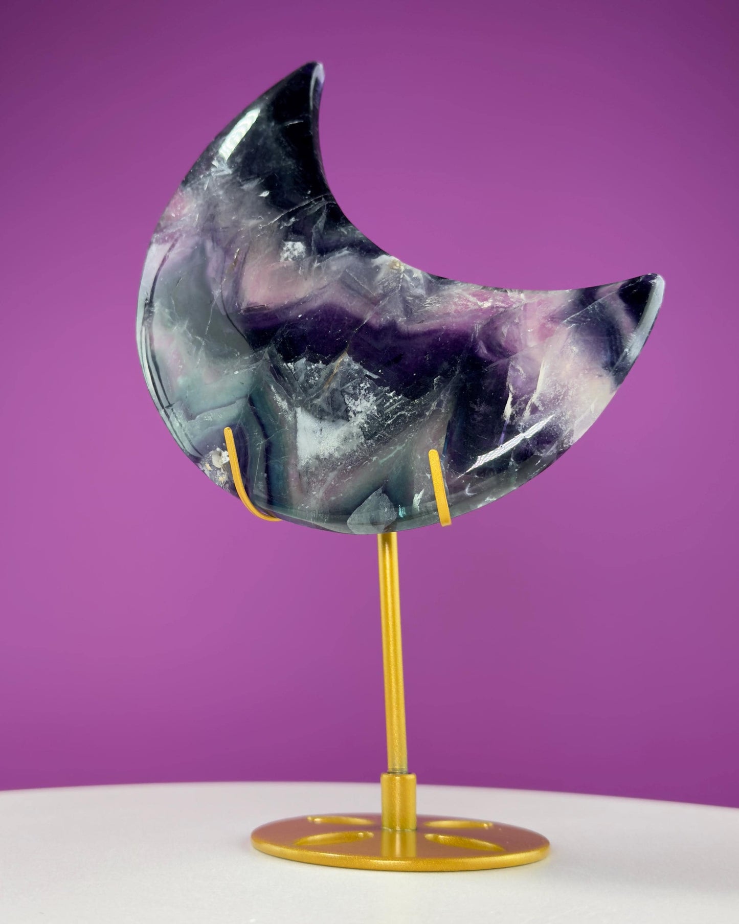 Fluorite Moon Carving (Includes Gold Metal Stand)
