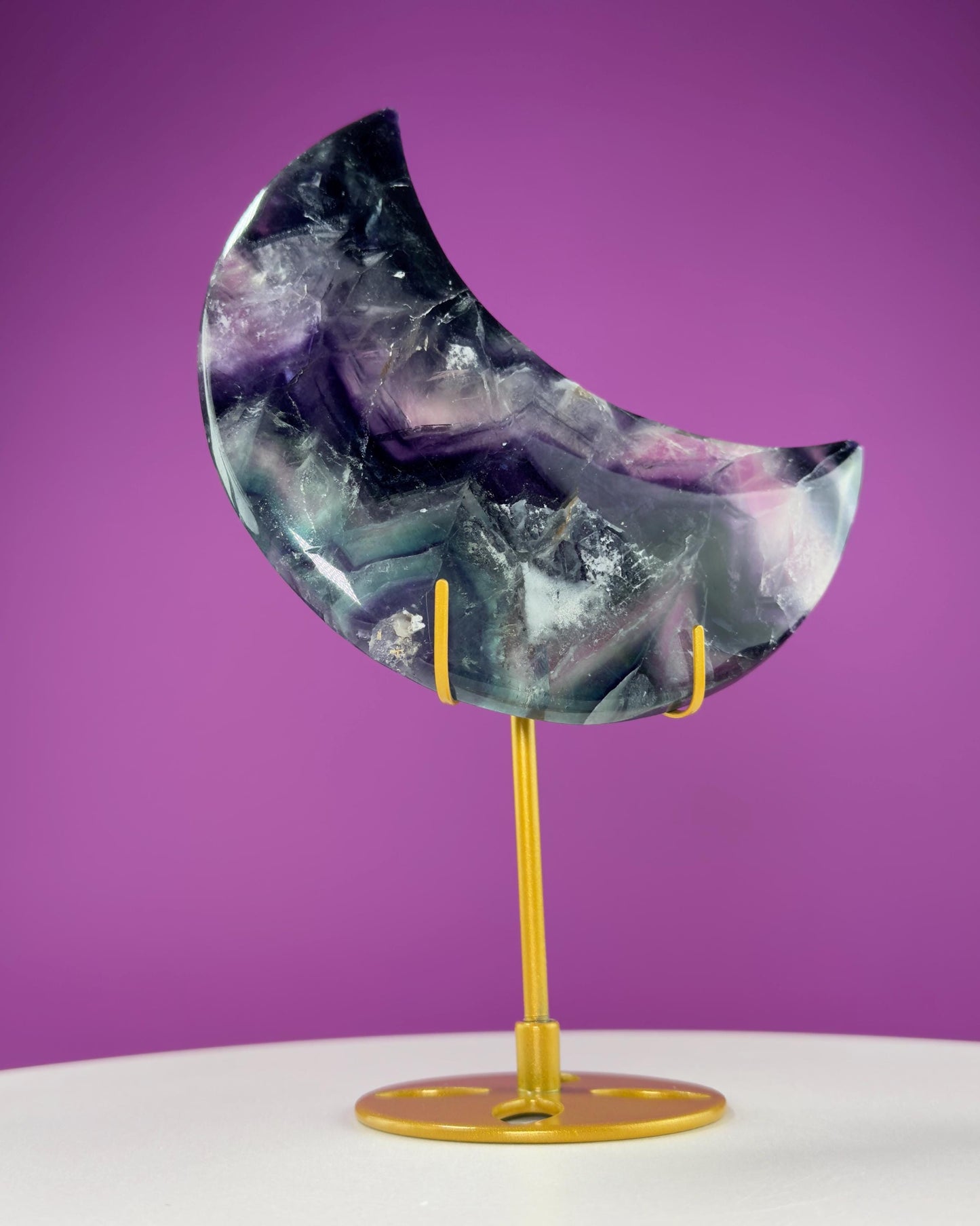 Fluorite Moon Carving (Includes Gold Metal Stand)