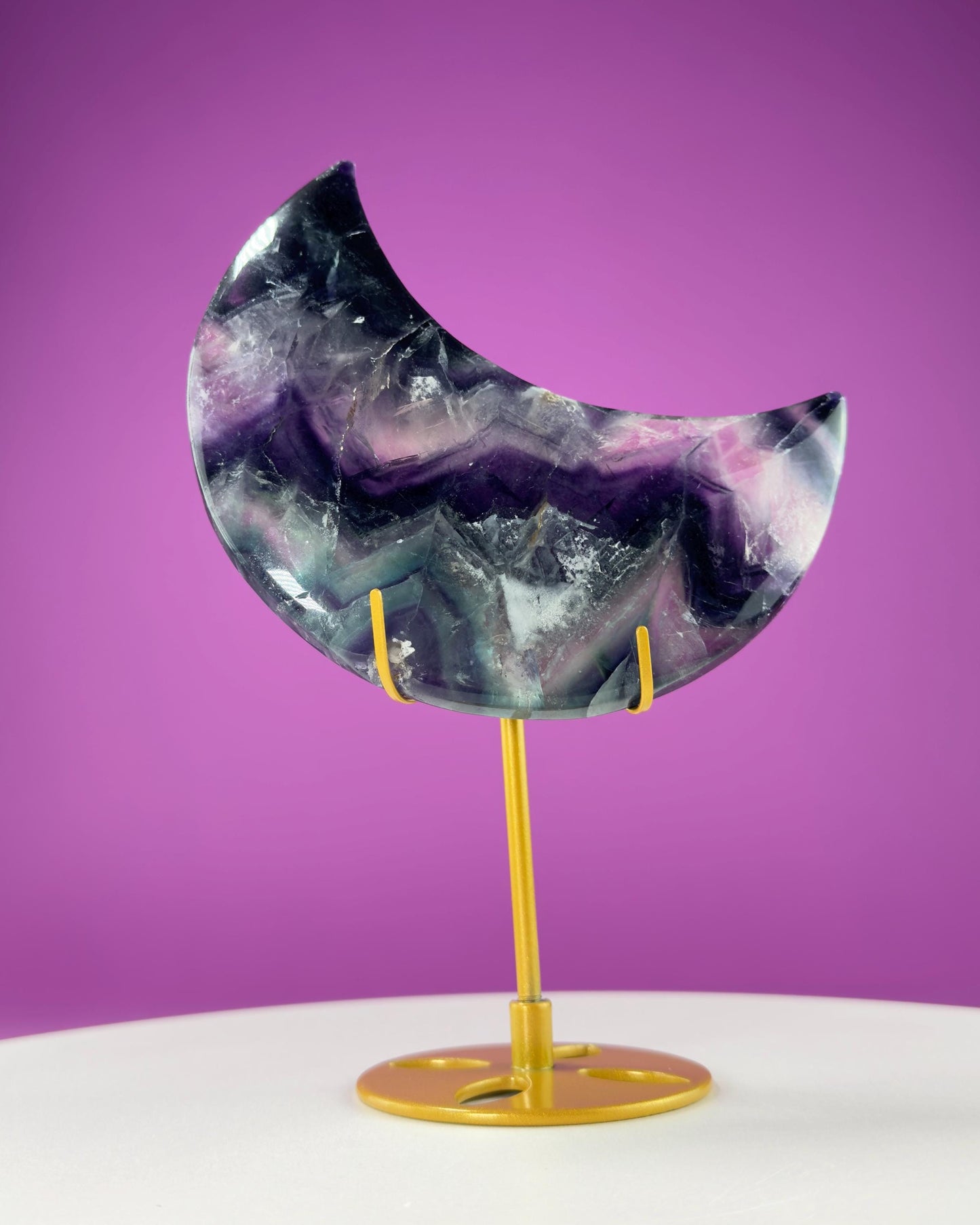 Fluorite Moon Carving (Includes Gold Metal Stand)