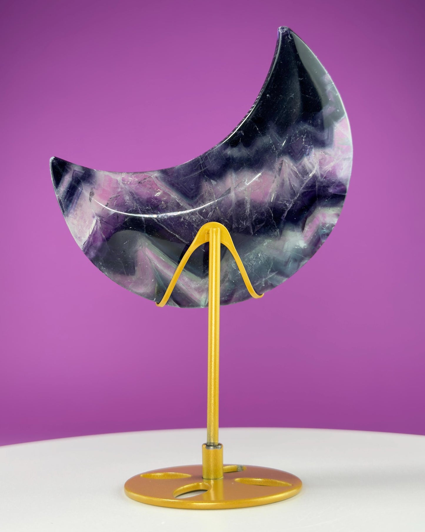 Fluorite Moon Carving (Includes Gold Metal Stand)