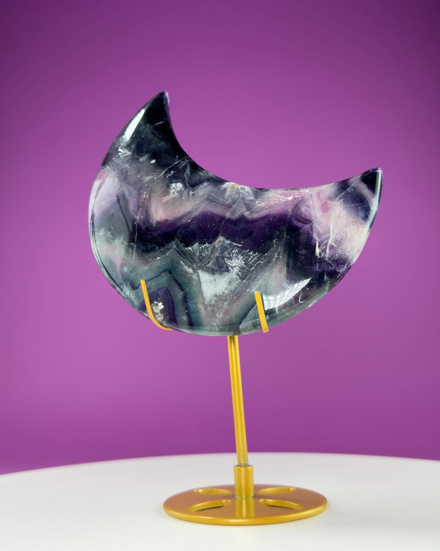 Fluorite Moon Carving (Includes Gold Metal Stand)