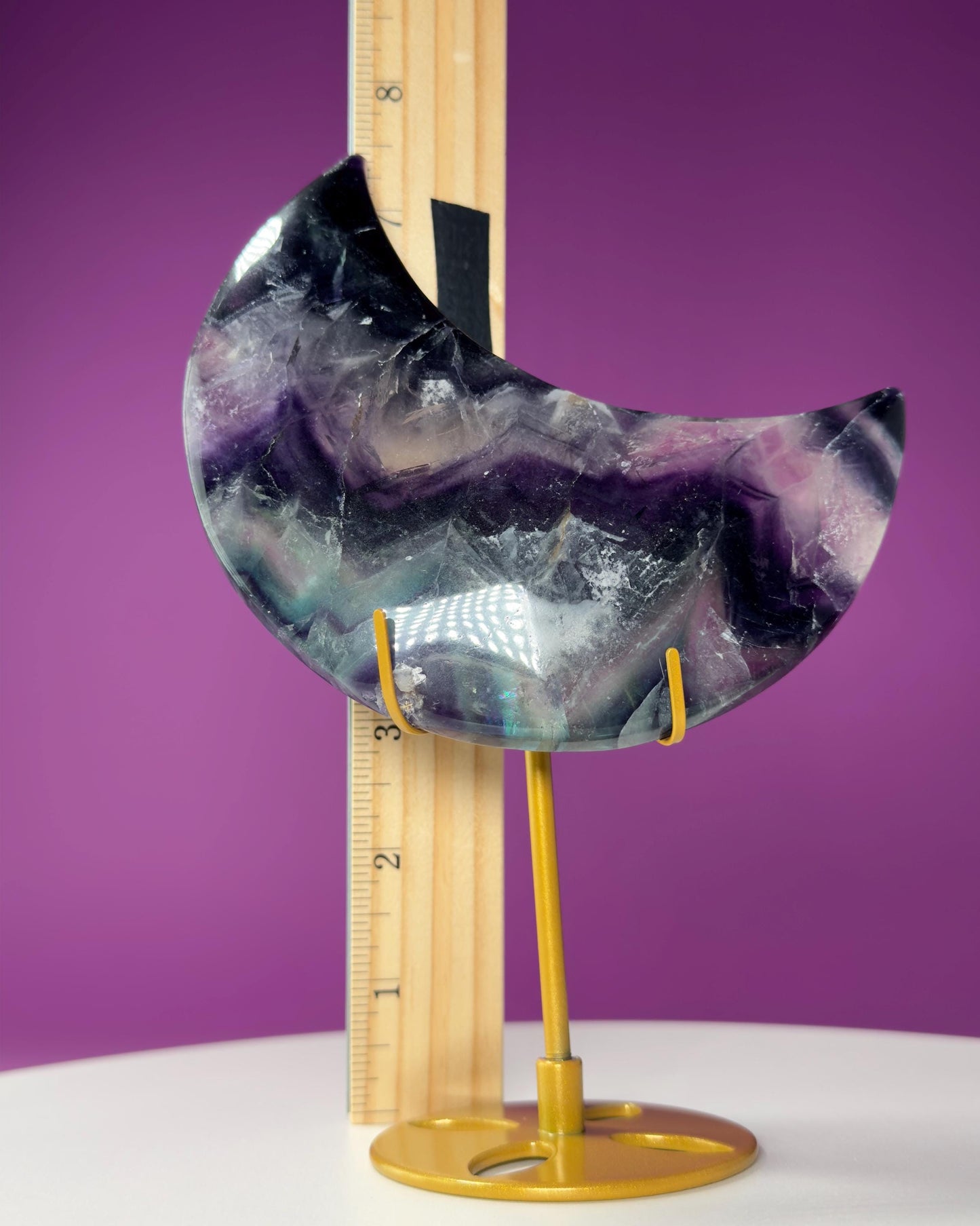 Fluorite Moon Carving (Includes Gold Metal Stand)